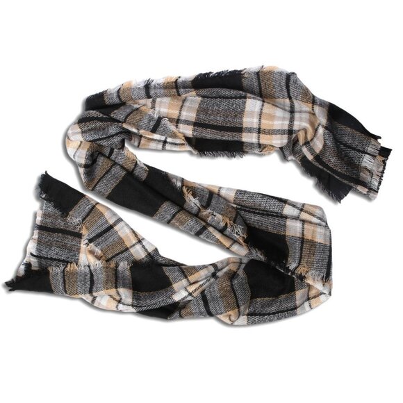 Plaid Soft Long Scarf Wrap WideBlack Brown White Yellow - Picture 2 of 6